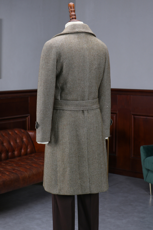 Vintage Green Coffee Double-breasted Belted Wool Herringbone Coat