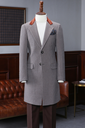Retro Gentleman Houndstooth Velvet Stitching Mid-Length Coat