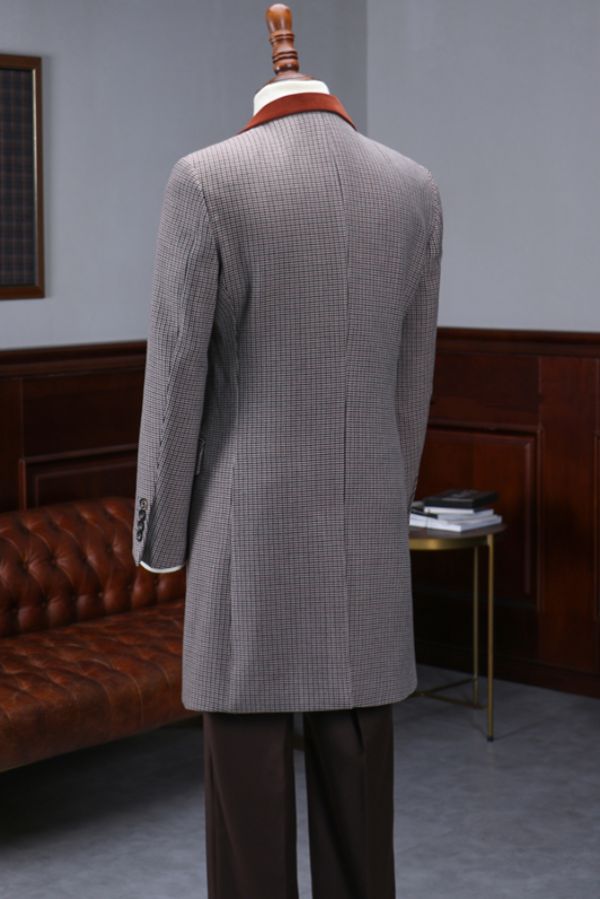 Retro Gentleman Houndstooth Velvet Stitching Mid-Length Coat