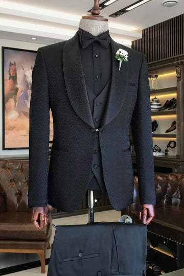 Tailored 3 Piece Black Jacquard Men's Wedding Suit for Groom