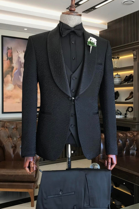 Tailored 3 Piece Black Jacquard Men's Wedding Suit for Groom