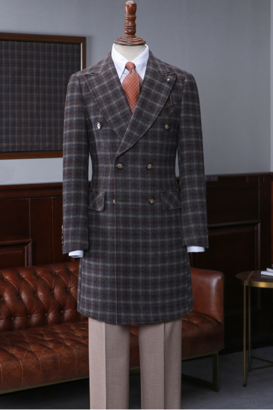 Retro Tweed Plaid Wool Double-Breasted Mid-Length Coat