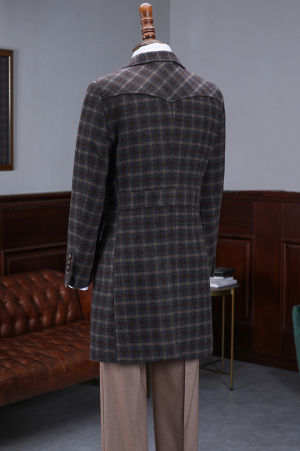 Retro Tweed Plaid Wool Double-Breasted Mid-Length Coat