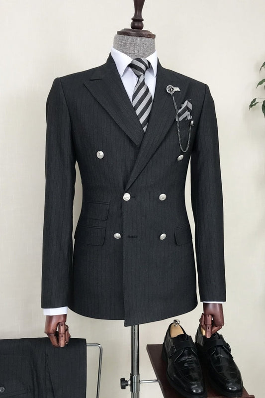 Elegant Pale Black Double Breasted Pinstripe Business Suit for Daily Fashion