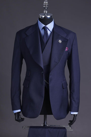 Simple Dark Navy Wide Lapel 3 Piece Business Suit with 3 Flap Pockets