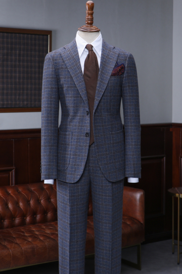 Light Luxury Retro British Blue Plaid Slim Fit Men's Business Suit