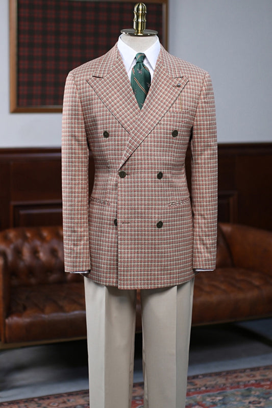 British Style Red Plaid Double Breasted Men's Suit for Business