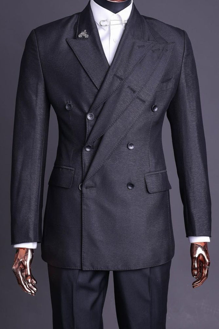 Sharp Double Breasted Three-Layer Lapels Black Men's Business Suit for Formal