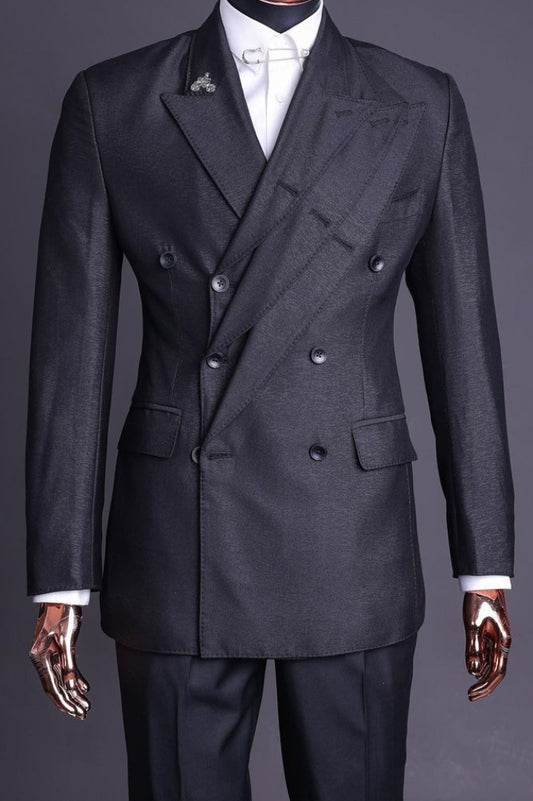Sharp Double Breasted Three-Layer Lapels Black Men's Business Suit for Formal