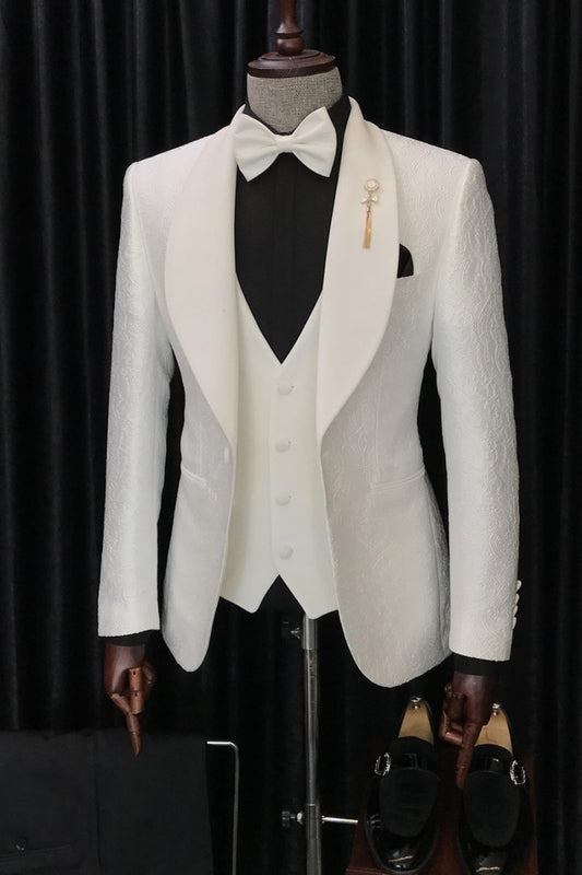 White Jacquard Blazer 3 Piece Wedding Groom Suit with Black Pants