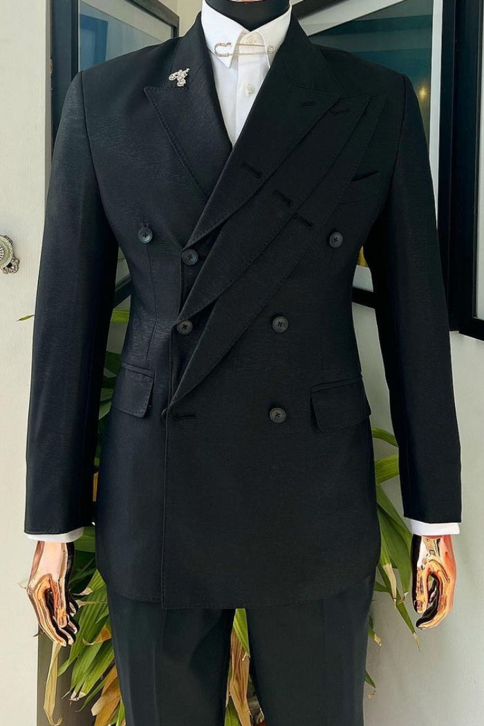 Sharp Double Breasted Three-Layer Lapels Black Men's Business Suit for Formal