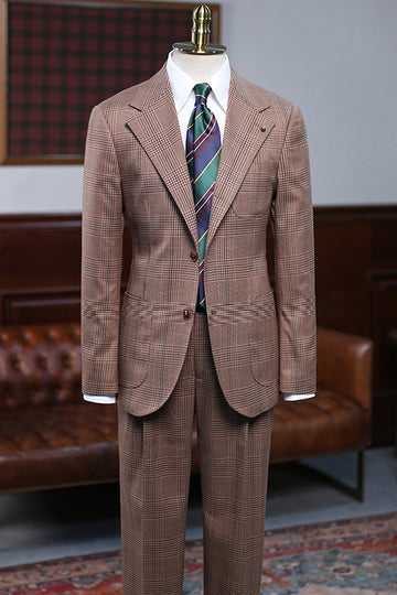 Modern 2 Piece Brown Plaid Patch Pockets Formal Business Suit