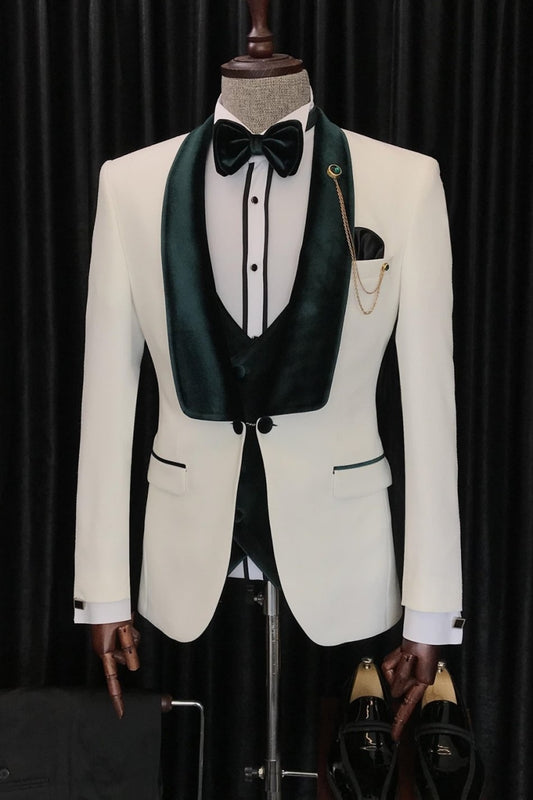 Elegant Dark Green Velvet Lapel Waistcoat 3 Piece White Wedding Groom Suit