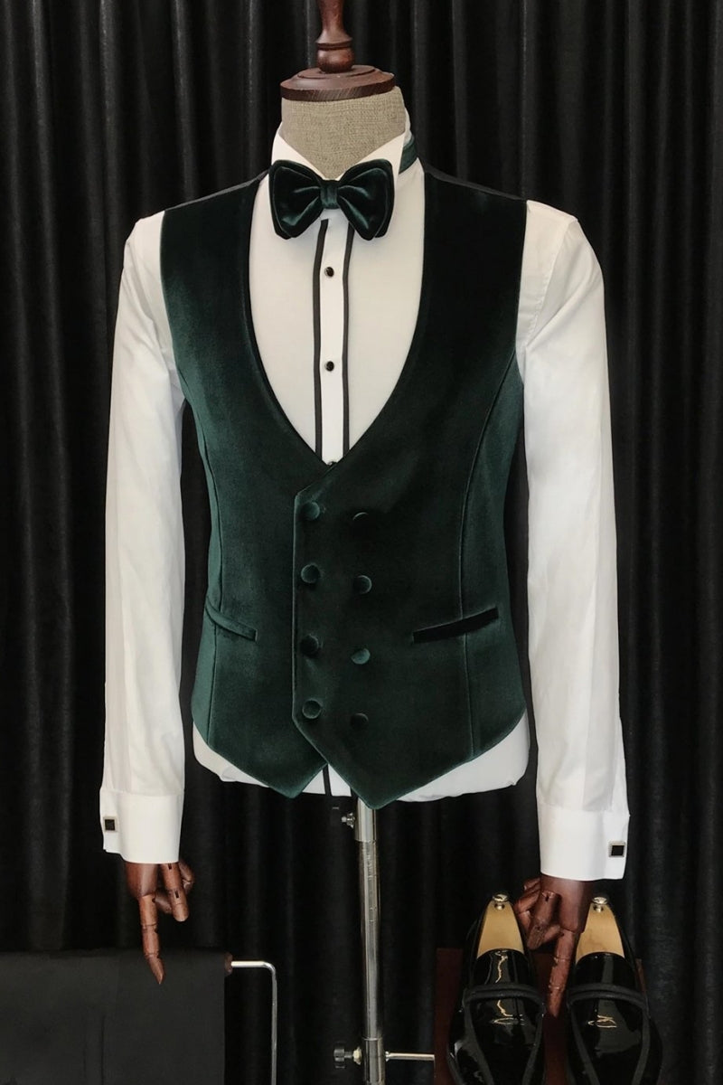 Elegant Dark Green Velvet Lapel Waistcoat 3 Piece White Wedding Groom Suit