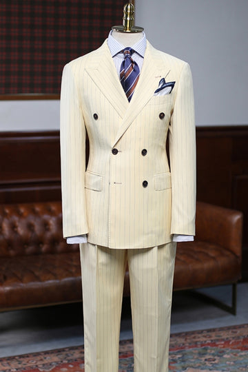 Modern Beige Pinstripe Double Breasted Men's Formal Suit for Business