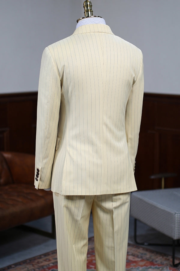 Modern Beige Pinstripe Double Breasted Men's Formal Suit for Business