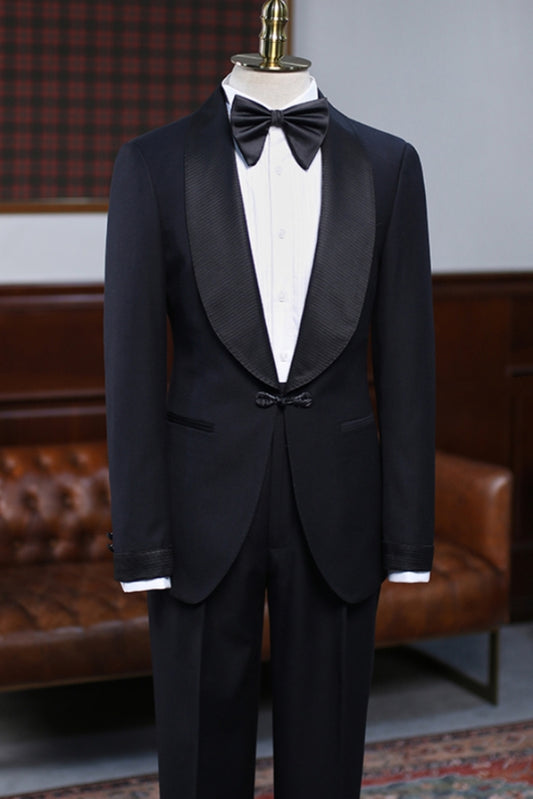 Classic Satin Shawl Lapel Black Wedding Suit with Knot Buckle