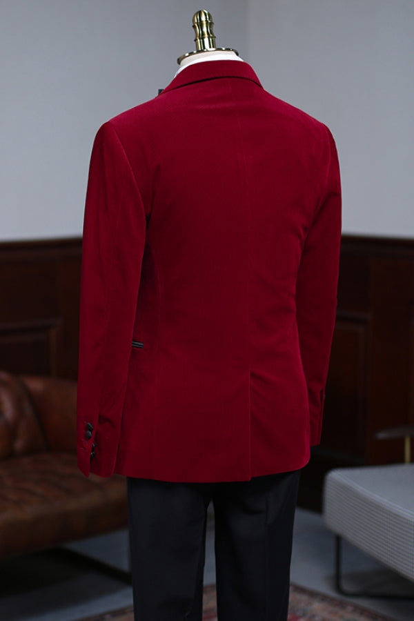 Stylish Red Velvet Black Peak Satin Lapel Men's Suit Wedding Prom