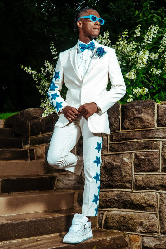 Special White Prom Suit with Blue Stars