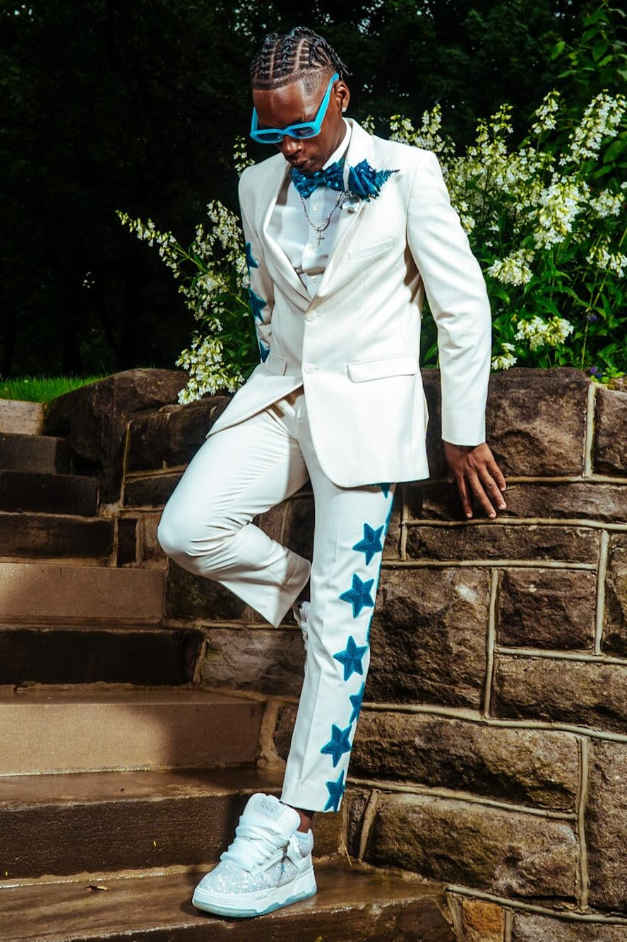 Special White Prom Suit with Blue Stars