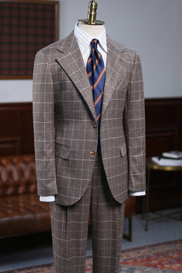 Italian Retro Brown Big Plaid Slim Fit Wide Lapel Men's Business Suit