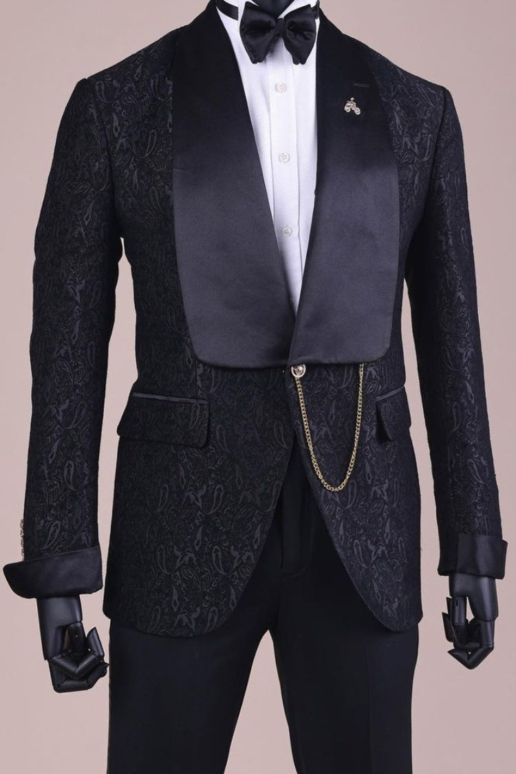 Textured Wide Satin Lapel Black Jacquard Wedding Tuxedo Groom Suit