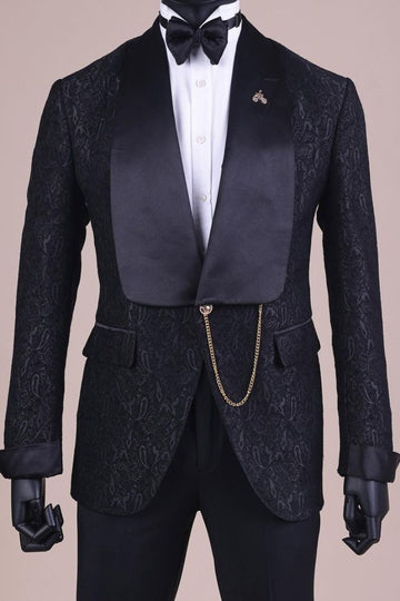 Textured Wide Satin Lapel Black Jacquard Wedding Tuxedo Groom Suit