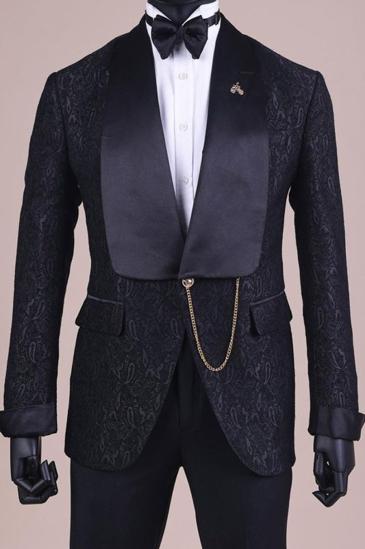 Textured Wide Satin Lapel Black Jacquard Wedding Tuxedo Groom Suit