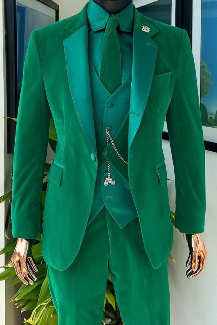 Fashionable 3 Piece Forest Green Velvet Prom Suit with Satin
