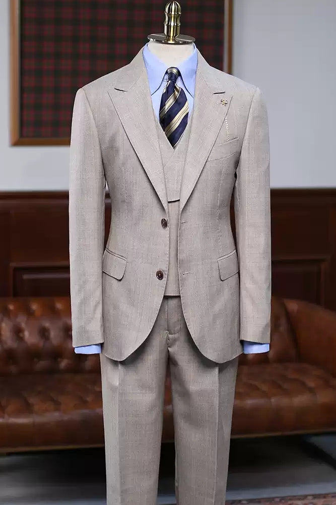 Peak Lapel Formal 3 Piece Khaki Men's Business Suit