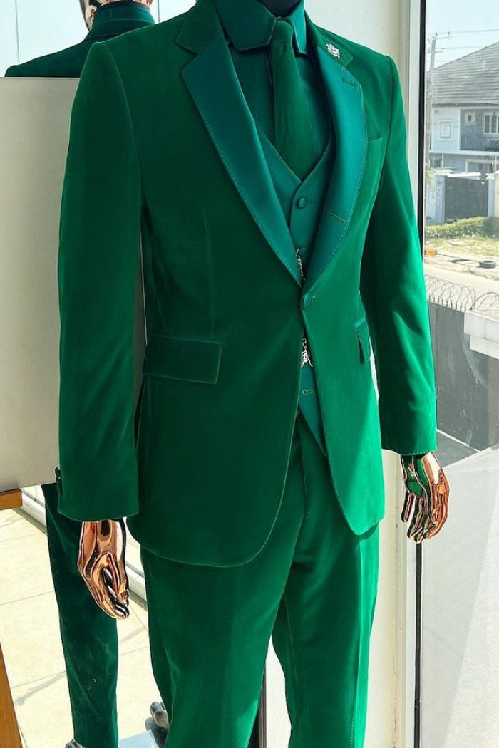 Fashionable 3 Piece Forest Green Velvet Prom Suit with Satin