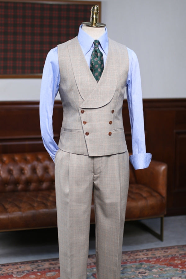 Peak Lapel Formal 3 Piece Khaki Men's Business Suit