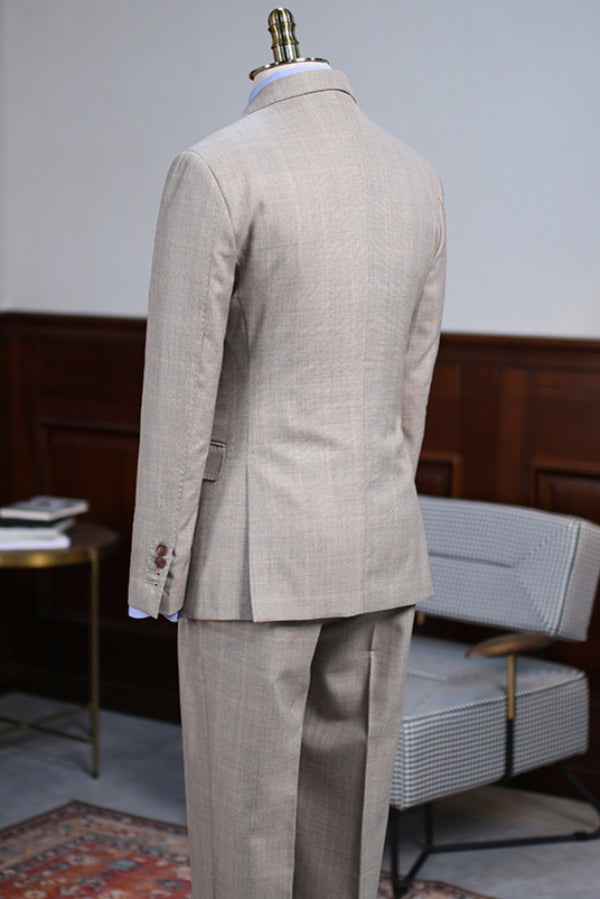 Peak Lapel Formal 3 Piece Khaki Men's Business Suit