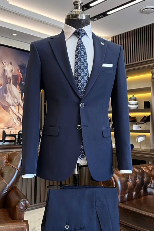 Classic Two Piece Navy Blue Notched Lapel Men's Business Suit