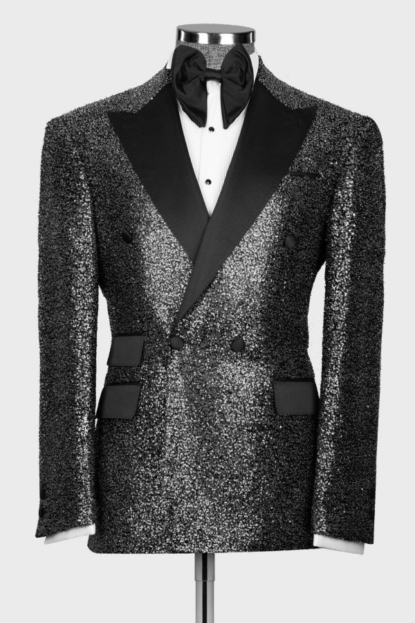 Bespoke Gray Sequins Double Breasted Prom Men Suits