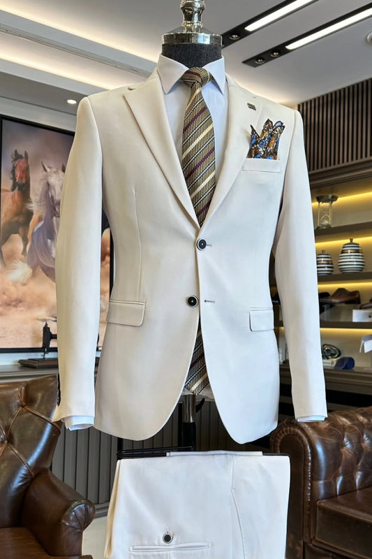 Formal Two Buttons Off-White Notched Lapel Men's Business Suit