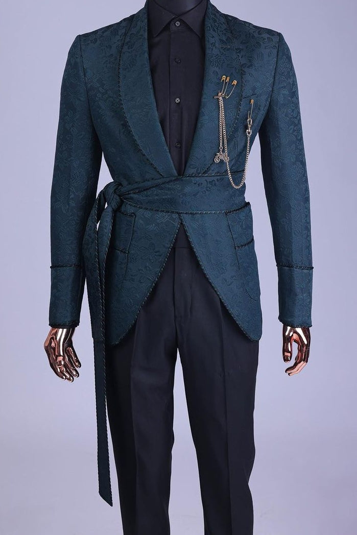 Unique Shawl Lapel Dark Green Jacquard Prom Suit with Belt (Black Pants)