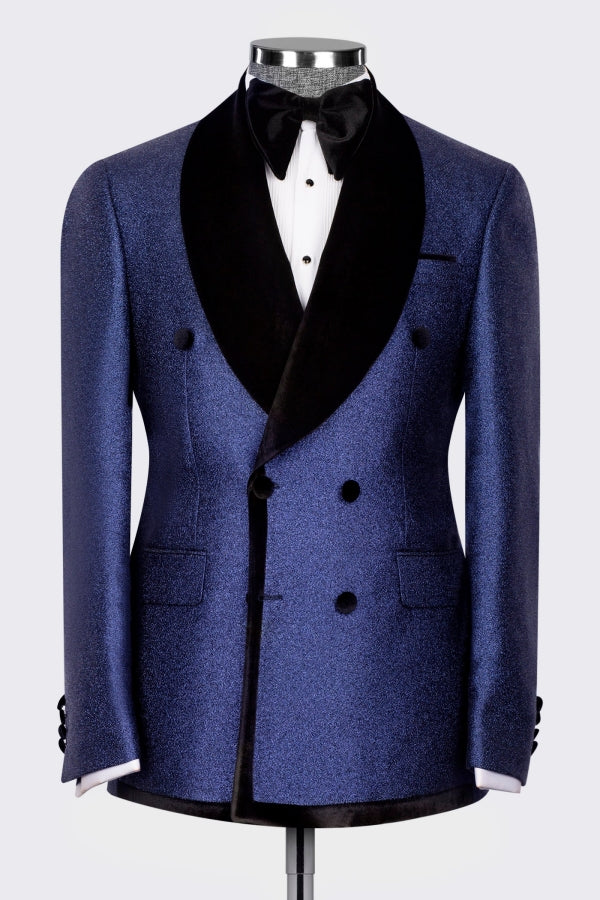 Sparkly Navy Blue Double Breasted Prom Men Suits with Silk Lapel