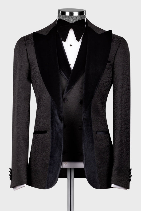 Stylish Black Jacquard 3-Pieces Peaked Lapel Wedding Groom Suit