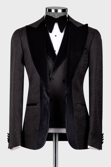 Stylish Black Jacquard 3-Pieces Peaked Lapel Wedding Groom Suit