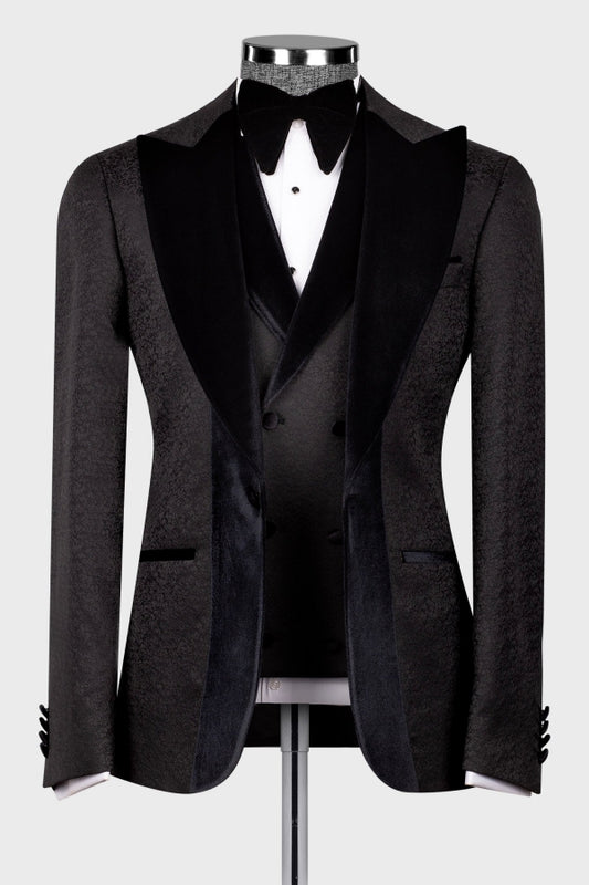 Stylish Black Jacquard 3-Pieces Peaked Lapel Wedding Groom Suit