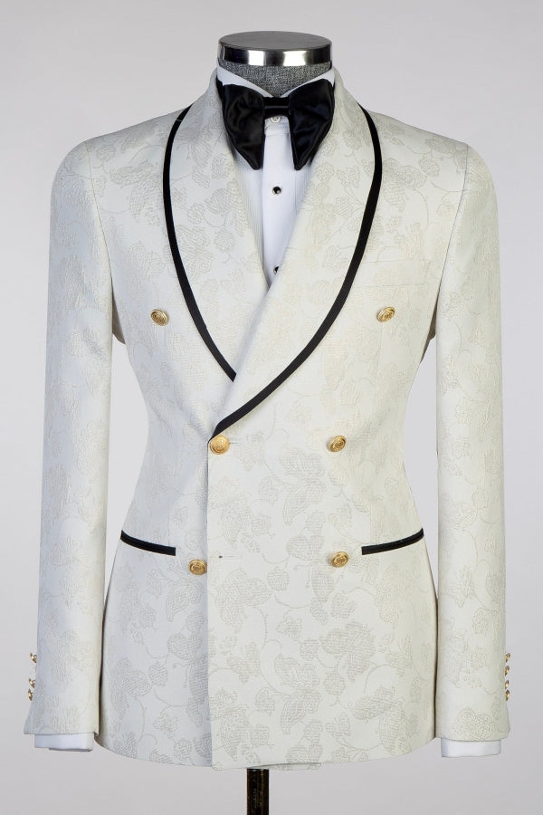 Newest White Jacquard Double Breasted Wedding Suits with Gold Button