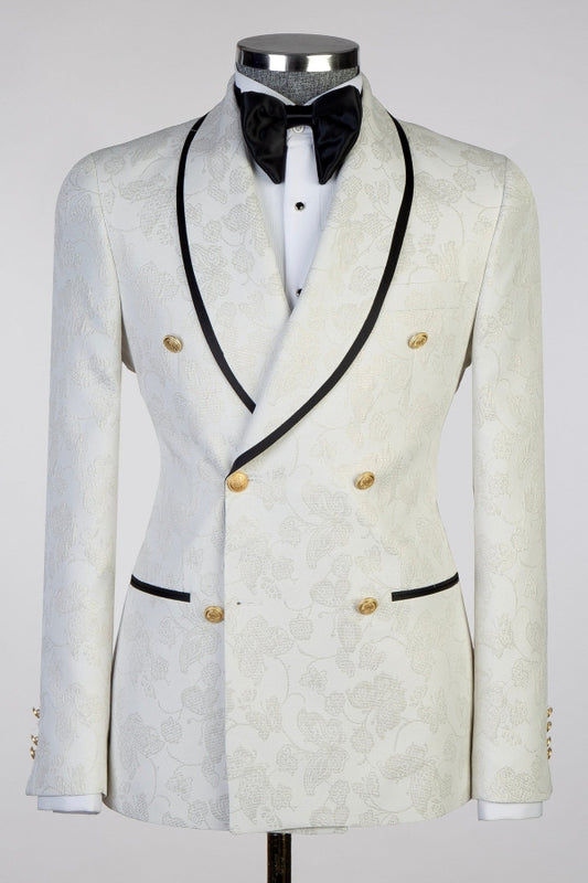 Newest White Jacquard Double Breasted Wedding Suits with Gold Button