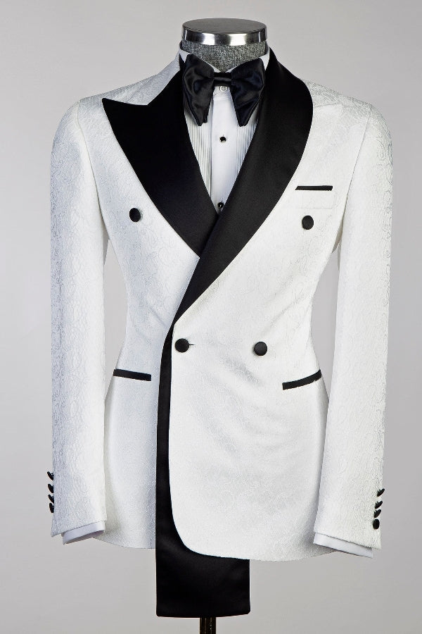 Pure White Jacquard Double Breasted Wedding Groom Suits