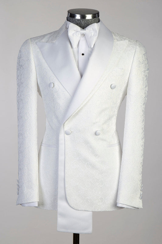Hot White Jacquard Double Breasted Wedding Groom Suits