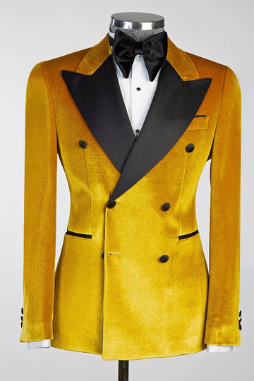 Sparkly Yellow Velvet Double Breasted Prom Suit for Men