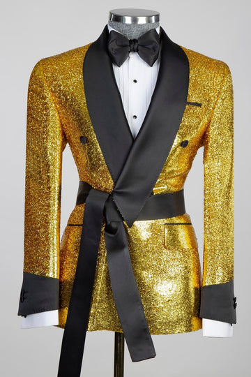 Sparkly Gold Sequins Double Breasted Wedding Suits