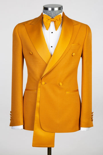Gold Yellow Double Breasted Slim Fit Prom Suit with Special Collar