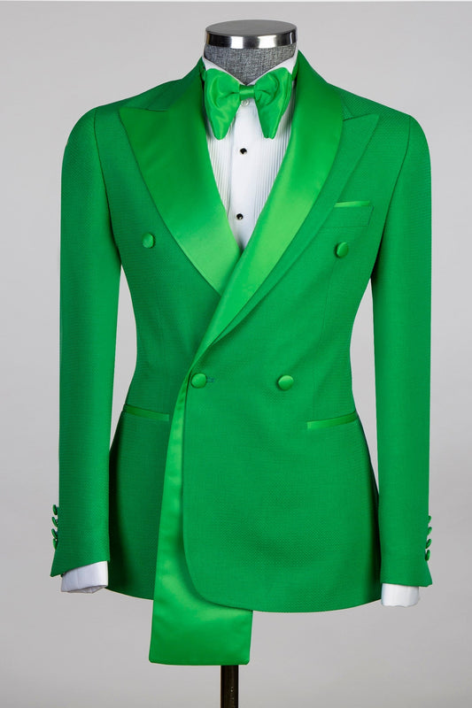 Hot Green Double Breasted Slim Fit Prom Suit with Special Collar