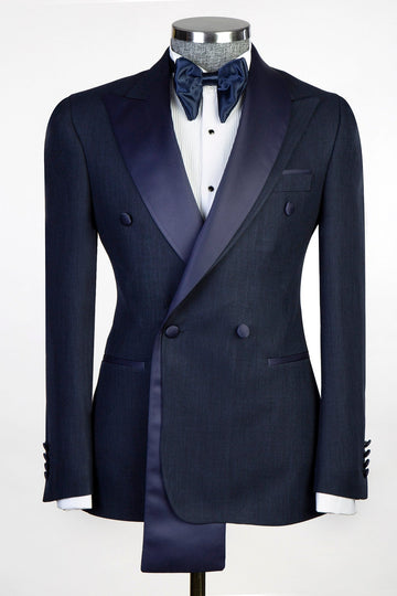 Dark Navy Double Breasted Slim Fit Prom Suit with Special Collar
